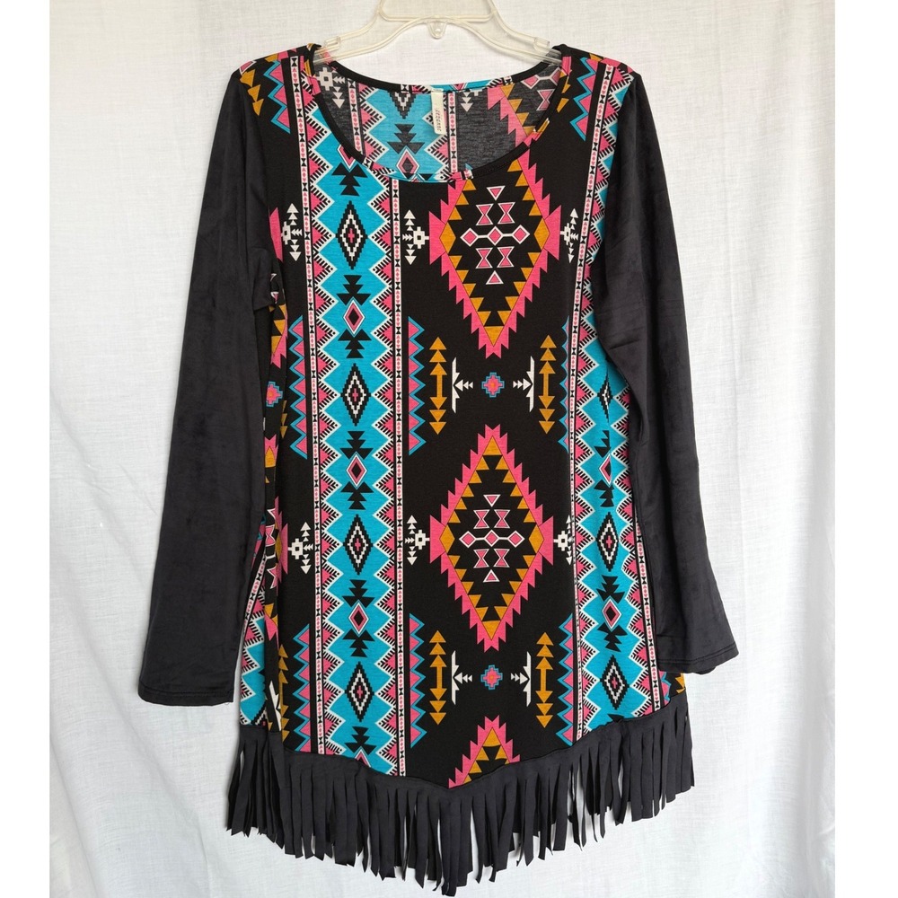 Cezanne Western Tunic Festival Southwestern Geometric Fringe Long Sleeve Medium